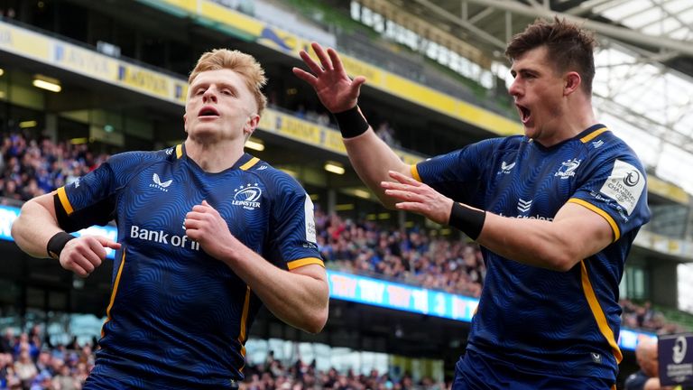  Tommy O'Brien (left) celebrates with Dan Sheehan after scoring Leinster's first try against Edinburgh