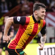 Aidan Fitzpatrick scores to level the first leg of the Premiership play-off final between Partick Thistle and St Mirren