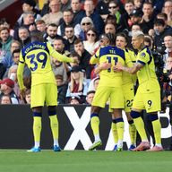 Conor Gallagher is congratulated by his team-mates after giving Spurs the lead at Villa Park