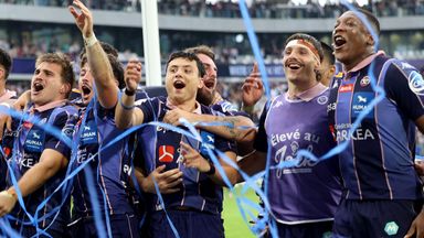 Bordeaux players celebrate after winning the Champions Cup semi-final against Bath 