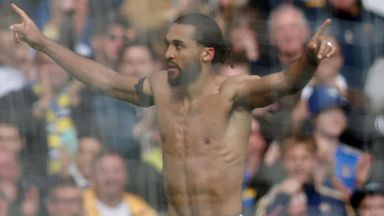 Dominic Calvert-Lewin celebrates after scoring a late winner for Leeds against Brighton