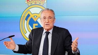 Real Madrid president Florentino Perez gives a press conference in Madrid, Tuesday, May 12, 2026. (AP Photo/Bernat Armangue)