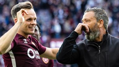 EDINBURGH, SCOTLAND - MAY 04: Hearts head coach Derek McInnes (R) and Lawrence Shankland at full time during a William Hill Premiership match between Heart of Midlothian and Rangers at Tynecastle Park, on May 04, 2026, in Edinburgh, Scotland. (Photo 