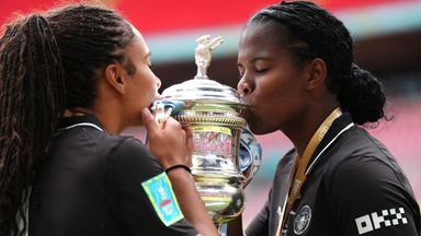 Khadija Shaw and Jade Rose kiss the FA Cup