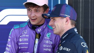 (L/R) Pole position winner Mercedes' Italian driver Kimi Antonelli speaks with Red Bull Racing's Dutch driver Max Verstappen