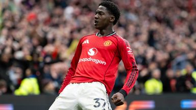 Kobbie Mainoo celebrates after scoring Manchester United's winning goal against Liverpool