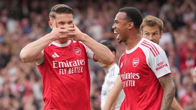 Viktor Gyokeres celebrates with Gabriel after giving Arsenal an early lead