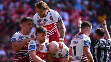 Picture by Olly Hassell/SWpix.com - 30/05/2026 - Rugby League - Betfred Challenge Cup Final - Wigan Warriors v Hull KR - Wembley Stadium, London, England - Wigan's Jack Farrimond is congratulated on a try against Hull KR.