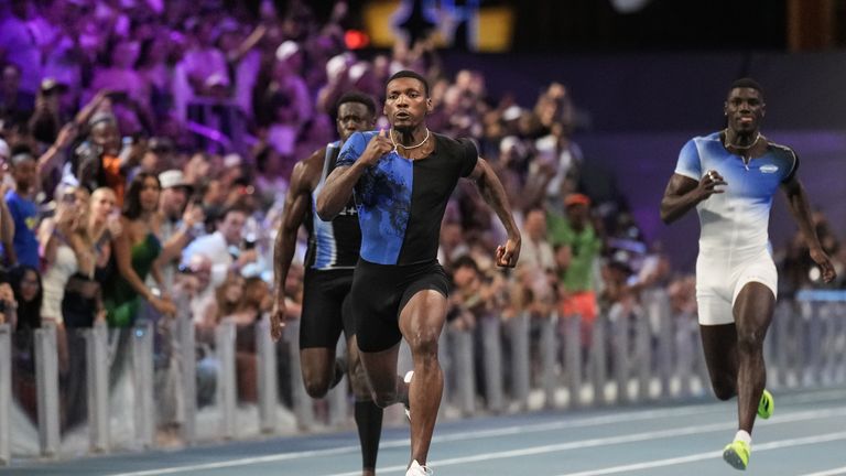 Fred Kerley, of the United States, competes in the men's 100m final at the Enhanced Games in Las Vegas
