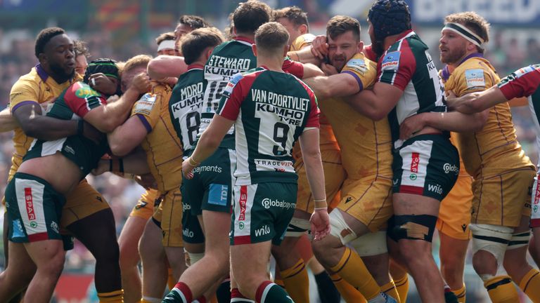 Leicester Tigers defeated Northampton Saints in a ill-tempered East Midlands derby