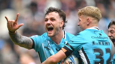 Ethan O'Neill celebrates the second of his two tries in Hull FC's Super League win over Huddersfield Giants