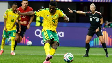 South Africa's Teboho Mokoena scores a penalty against Czech Republic