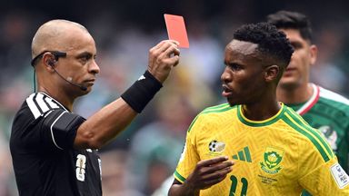 Wilton Sampaio shows a red card to South Africa's midfielderThemba Zwane during the 2026 World Cup Group A match against Mexico