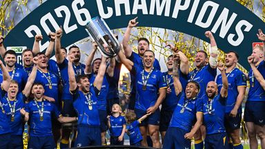 Leinster captain Caelan Doris and departing duo Luke McGrath and James Lowe lift the URC trophy