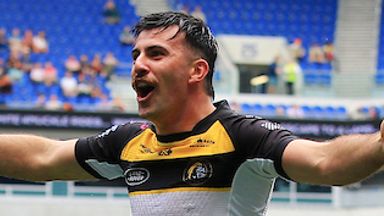 Cody Hunter celebrates after scoring for York Knights against Huddersfield Giants 