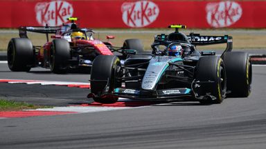 Mercedes' Italian driver Kimi Antonelli leads Ferrari's British driver Lewis Hamilton during the sprint race ahead of the Formula One British Grand Prix at the Silverstone motor racing circuit in Silverstone, central England, on July 4, 2026. (Photo 