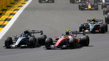 Ferrari driver Lewis Hamilton of Britain steers his car followed by Mercedes driver Andrea Kimi Antonelli of Italy and McLaren driver Lando Norris of Britain during the sprint race at the British F1 Grand Prix, in Silverstone, England, Saturday, July