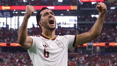Mikel Merino celebrates his stoppage-time winner against Portugal
