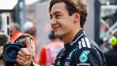 George Russell celebrates Sprint pole at the Dutch GP