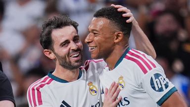 Real Madrid's Bernardo Silva, left, and Kylian Mbappe celebrate after scoring during the La Liga soccer match between Real Madrid and Real Sociedad in Madrid, Spain, Wednesday, Aug. 26, 2026. (AP Photo/Manu Fernandez)