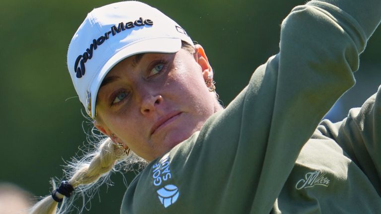 Charley Hull, of England, drives off the 18th tee during the second round of the Women's British Open golf championship in Lytham St Annes, England, Friday, July 31, 2026. (AP Photo/Jon Super)