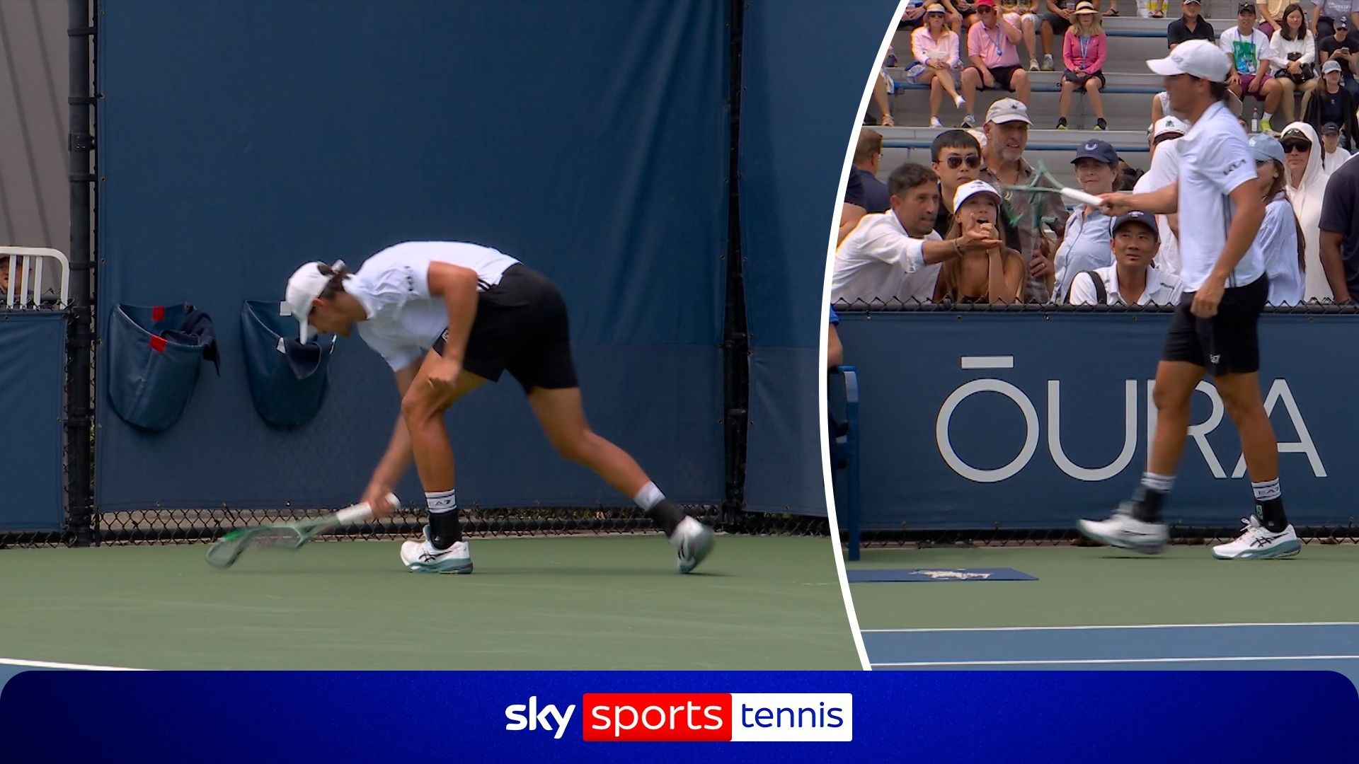Frustrated tennis star DESTROYS racket - then gives it to fan!