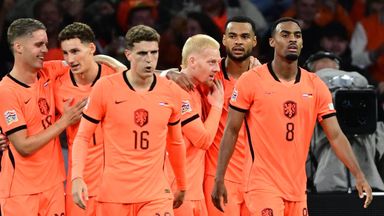 Dutch players celebrate after scoring during the UEFA Nations League soccer match