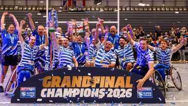 Halifax Panthers lift the Betfred Wheelchair Super League trophy after victory over Leeds (swpix.com)