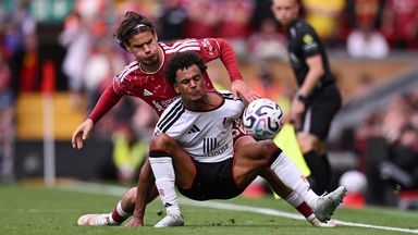 Oscar Bobb of Fulham is challenged by Milos Kerkez of Liverpool in the stalemate