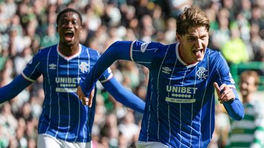 Ryan Naderi celebrates after giving Rangers the lead at Celtic Park