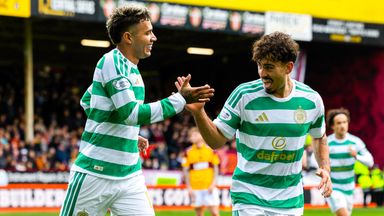Camilo Duran celebrates with Sebastian Tounekti after scoring to make it 1-0 to Celtic against Motherwell