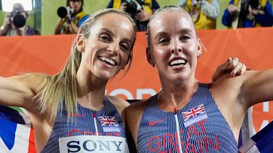 Georgia Hunter Bell (left) and Keely Hodgkinson (right) celebrate after both winning gold at the World Athletics Indoor Championships in March