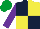 Dark Blue and Yellow (quartered), Purple sleeves, Emerald Green cap