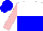 White and blue halved horizontally, pink sleeves, blue cap