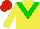 Yellow body, green chevron, yellow arms, red cap