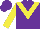 Purple body, yellow chevron, yellow arms, purple cap