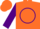 Orange, purple circle 'kj' on back, purple cuffs on sleeves