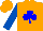 Orange, orange maple leaf on blue shamrock, royal blue sleeves, orange cap