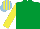 EMERALD GREEN, yellow sleeves, light blue & yellow striped cap