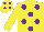 Yellow, purple spots, yellow sleeves, yellow cap, purple spots