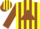 Yellow, brown triangle, brown stripes on sleeves