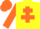 Yellow body, orange cross of lorraine, orange arms, orange cap