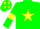 Green body, yellow star, green arms, yellow armlets, green cap, yellow stars