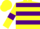 Yellow body, purple hooped, yellow arms, purple armlets, yellow cap, purple hooped