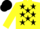 Yellow, black stars on sleeve, black cap