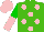 Kelly green, pink dots, green and pink halved sleeves, pink cap