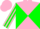 Neon pink and green diagonal quarters, pink sleeves, green stripes, pink cap