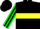 Black, Yellow hoop and sleeves, Green and Black stripes on cap
