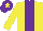 Yellow body, purple stripe, yellow arms, purple cap, yellow star