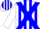 White, blue cross sashes, blue stripes on white slvs